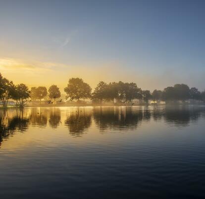 Misty Autumn sunrise over Pearl Lake